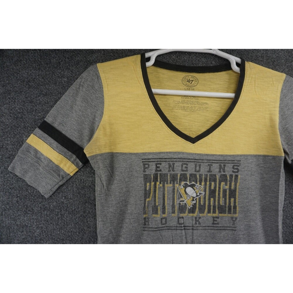 Pittsburgh Penguins T Shirt Womens Large Short Sleeve V Neck 47 Brand NHL Logo